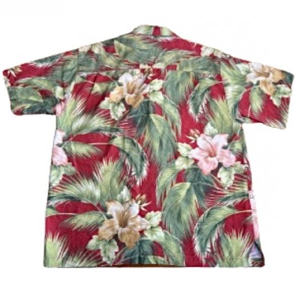 TOMMY BAHAMA Lg Silk Button Up Shirt Red w/ Palm Leaves& Hibiscus Short Sleeves - Picture 4 of 7